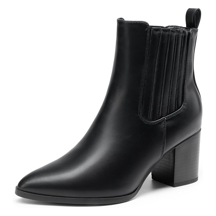 Black ankle boot with a pointed toe, chunky block heel, and elastic side paneling for easy slip-on access.