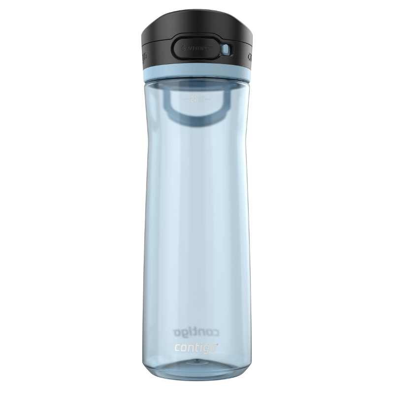 A translucent light blue Contigo water bottle with a black lid featuring an Autoseal button, designed for spill-proof use with a capacity of 24 oz.