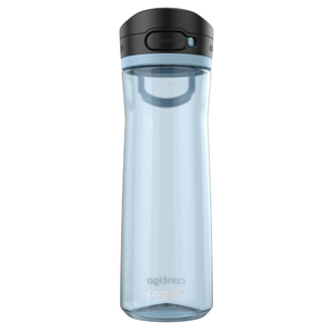 A translucent light blue Contigo water bottle with a black lid featuring an Autoseal button, designed for spill-proof use with a capacity of 24 oz.