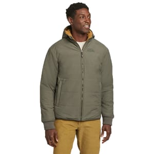 Eddie Bauer Reversible Jacket in olive green with a front zipper, ribbed cuffs, and pockets. The jacket features a contrasting brown lining, providing warmth and versatility.