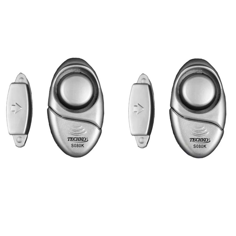 Two pairs of silver, oval-shaped window alarms with an activation button in the center and arrow-shaped sliders on the sides.