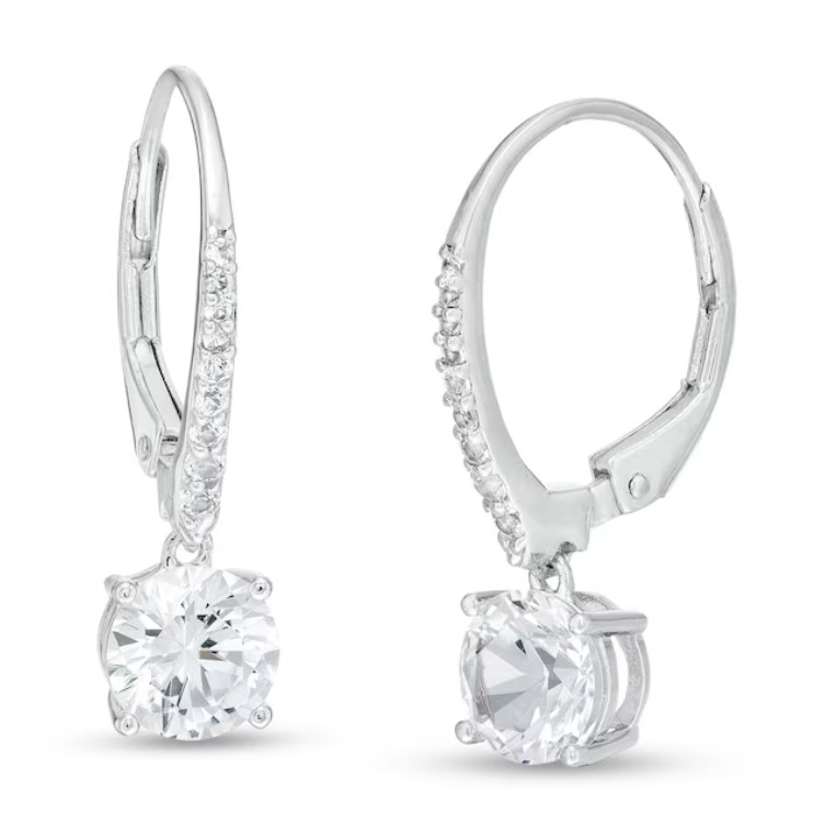 Silver leverback earrings with round-cut stones and small embellishments on the clasp.