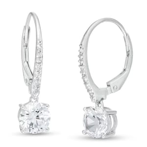 Silver leverback earrings with round-cut stones and small embellishments on the clasp.
