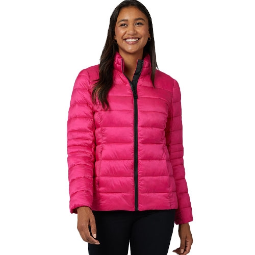A person is wearing a bright pink puffer jacket with a front zipper, standing against a white background.