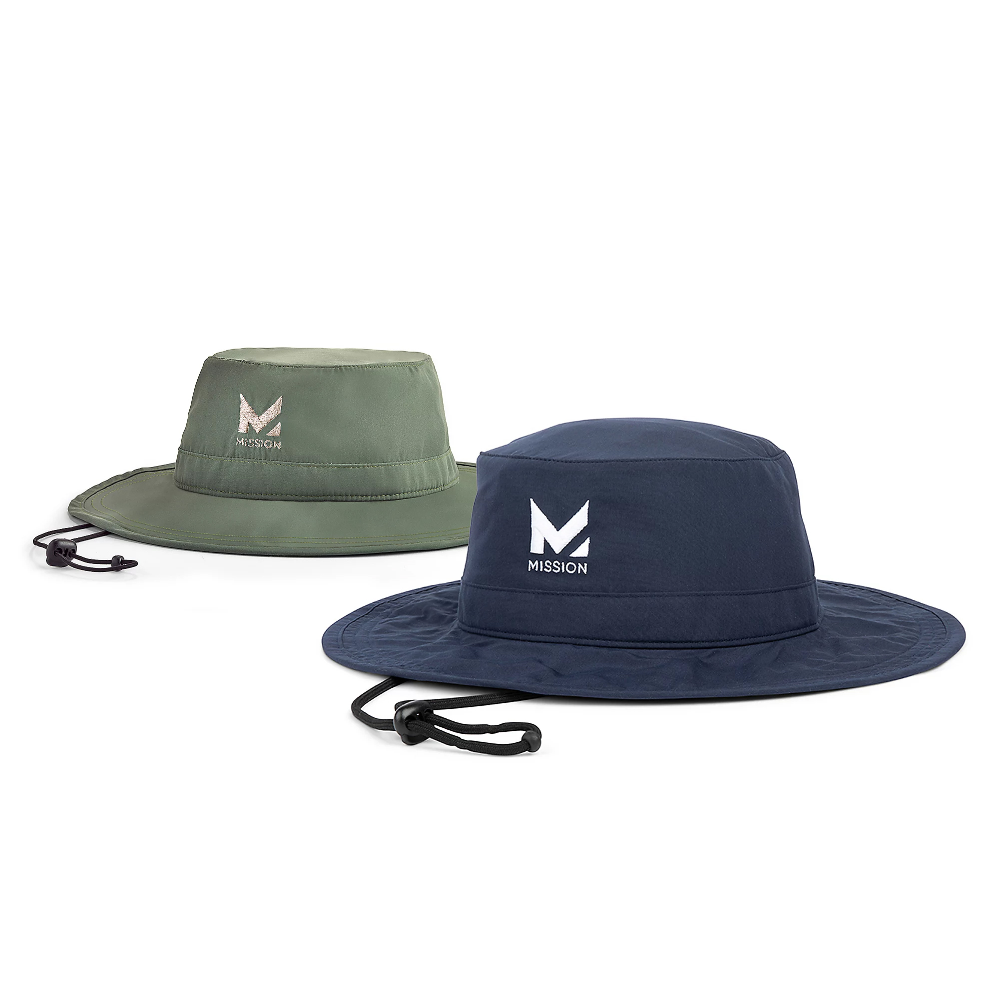 Two sun protection bucket hats in navy and olive green, each featuring a wide brim, adjustable chin strap, and \“Mission\“ logo on the front.