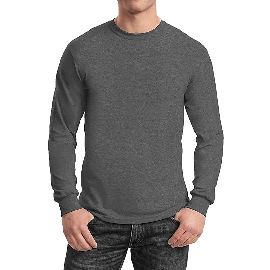 A person is wearing a long-sleeve gray t-shirt paired with dark jeans.