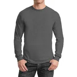 A person is wearing a long-sleeve gray t-shirt paired with dark jeans.