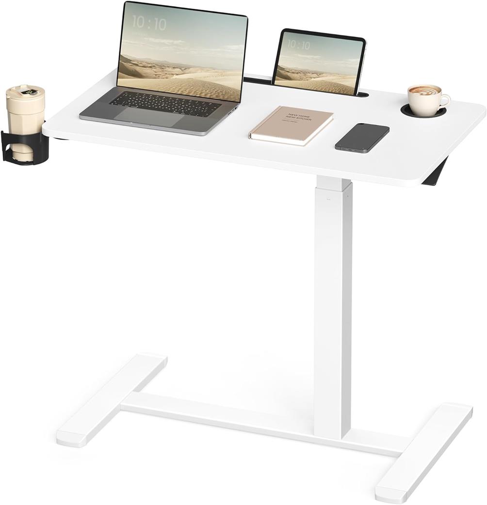A white height-adjustable desk featuring a laptop, tablet, notebook, smartphone, coffee cup, and tumbler, providing an organized workspace with integrated cup holders.