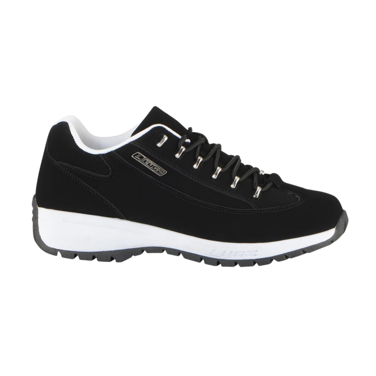 Black hiking shoe with metal eyelets and a white and gray outsole, featuring a textured tread for grip.