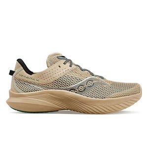Saucony Kinvara 14 shoes feature a beige mesh upper with black accents, a lightweight design, and a cushioned sole for comfort and performance.