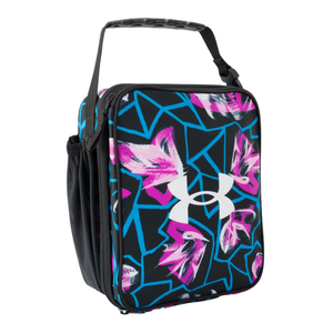 Under Armour lunch box with a black base, vibrant pink and blue abstract patterns, and a white logo. It features a durable handle and side pocket for storage.