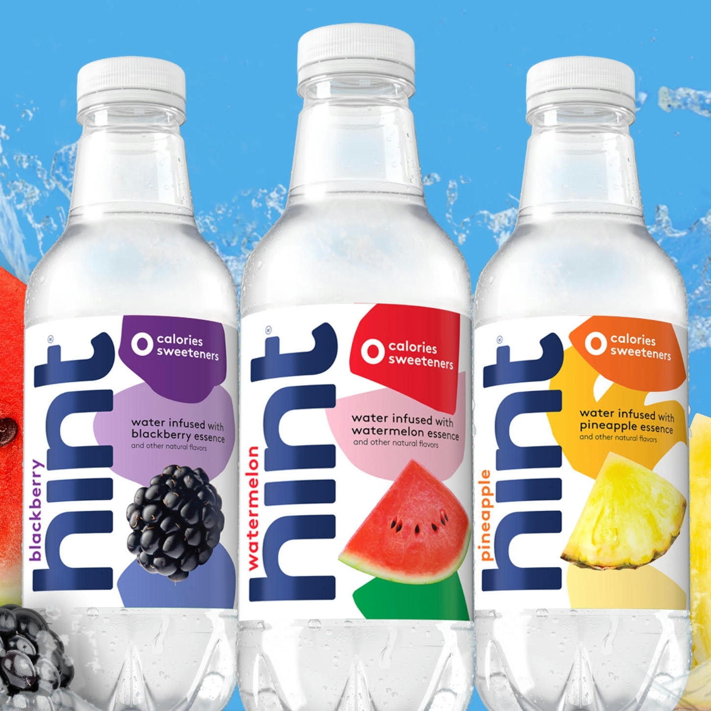 Three bottles of Hint flavored water in blackberry, watermelon, and pineapple varieties.