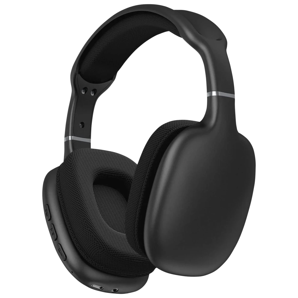 Black over-ear headphones with a padded headband, oval ear cups, and control buttons on the side.