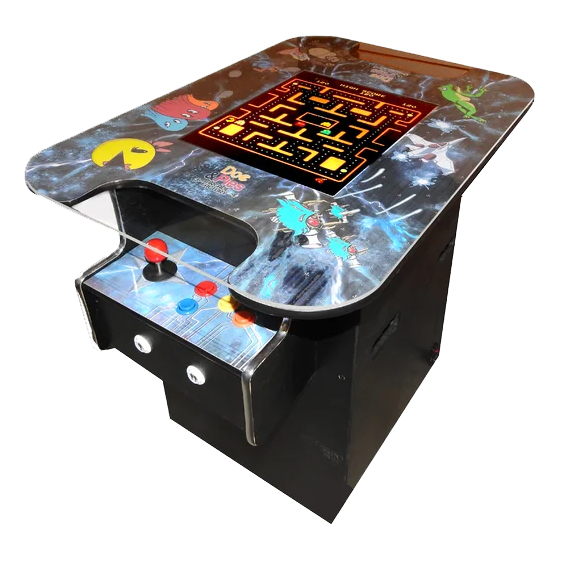 A tabletop arcade machine featuring a classic design with Pac-Man graphics and joystick controls, offering 60 retro games displayed on a screen set into the table's surface.