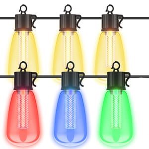 String lights with multicolored bulbs, including yellow, red, blue, and green, fixed on a black wire with hooks for hanging.