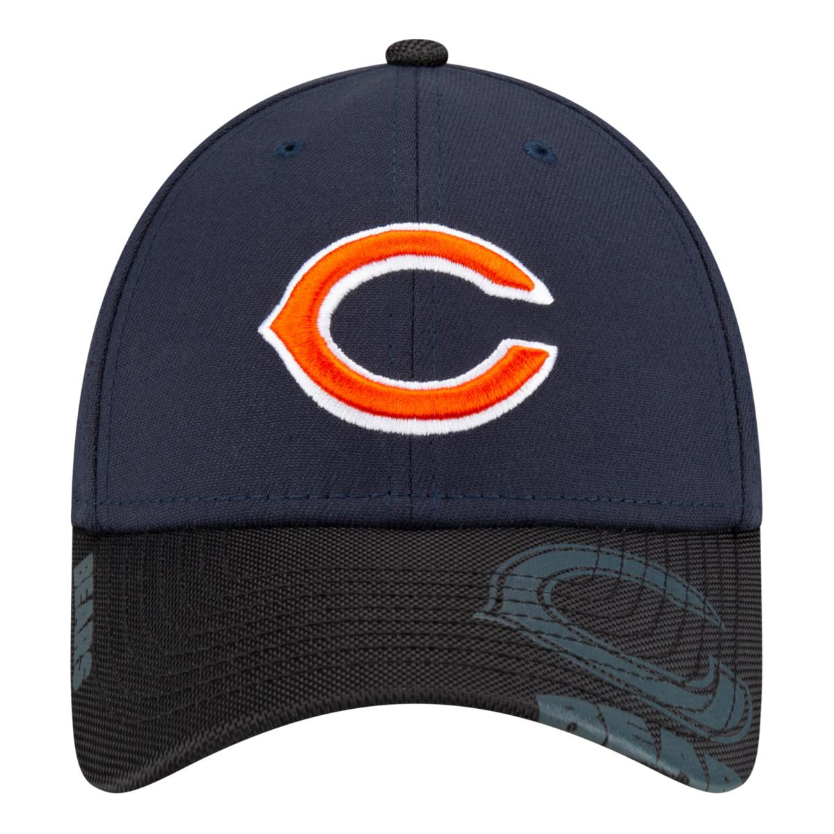 NFL snapback cap featuring a navy blue front with an embroidered orange \“C\“ logo and a black mesh bill with additional logo details.