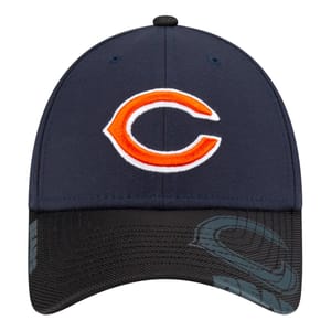 NFL snapback cap featuring a navy blue front with an embroidered orange \“C\“ logo and a black mesh bill with additional logo details.