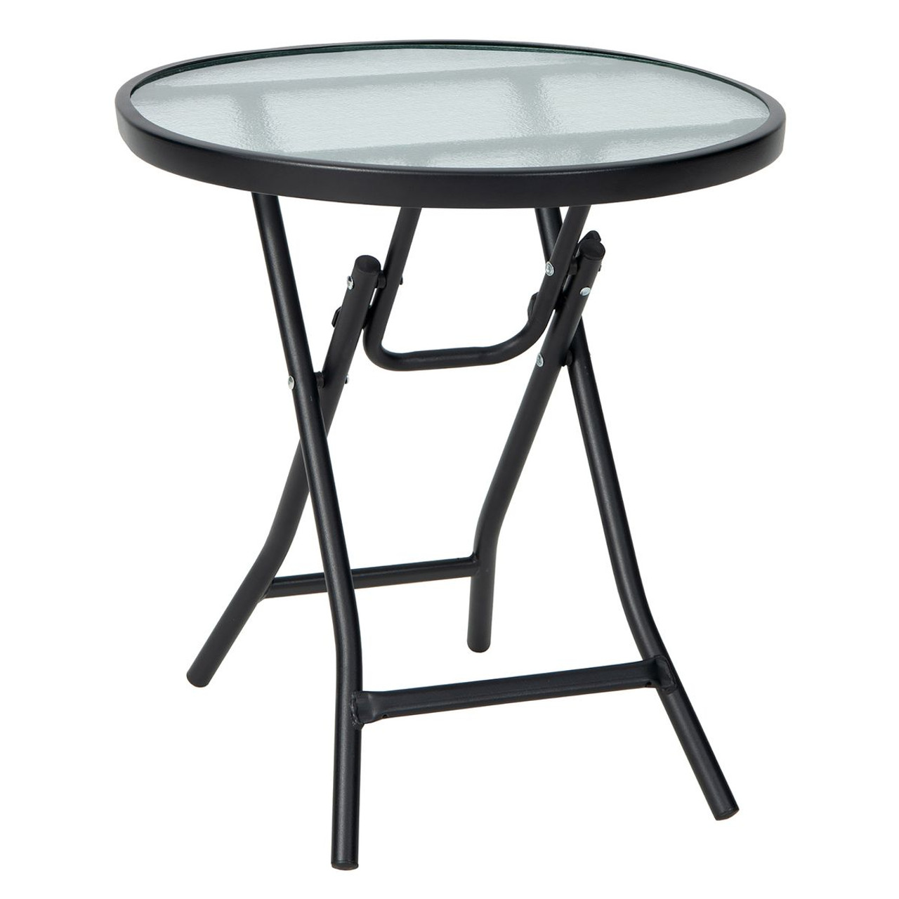 Round folding table with a black metal frame and glass top.
