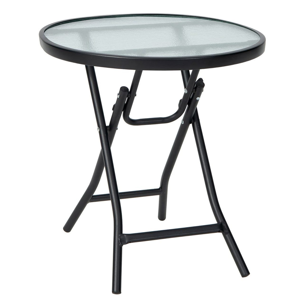 Round folding table with a black metal frame and glass top.
