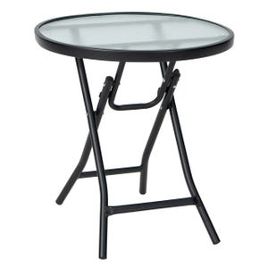 Round folding table with a black metal frame and glass top.