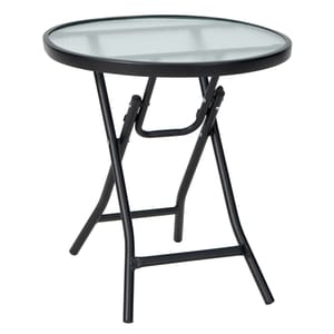 Round folding table with a black metal frame and glass top.