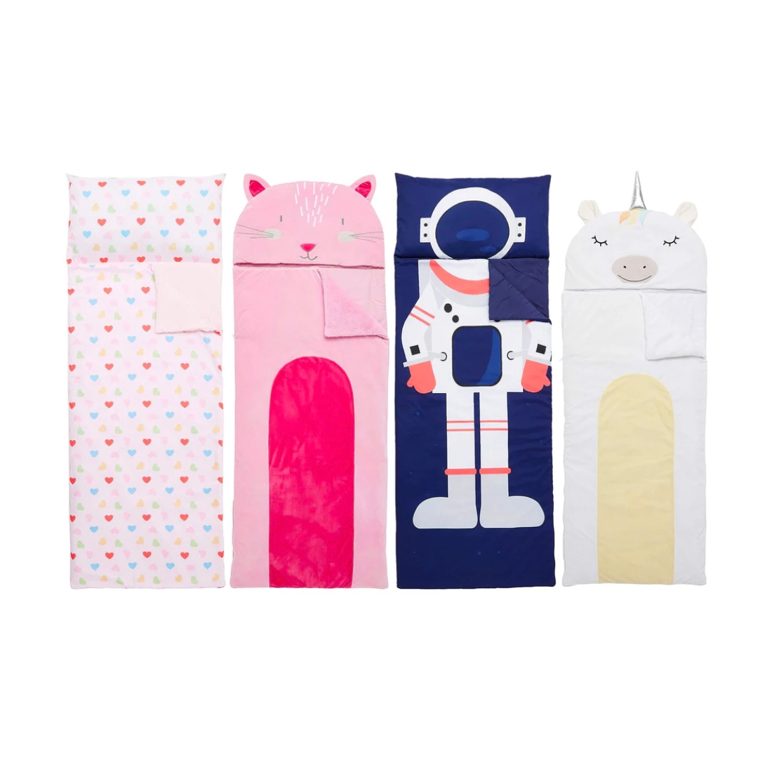 Four children's sleeping bags designed as a pink cat, a spaceman, and a unicorn.