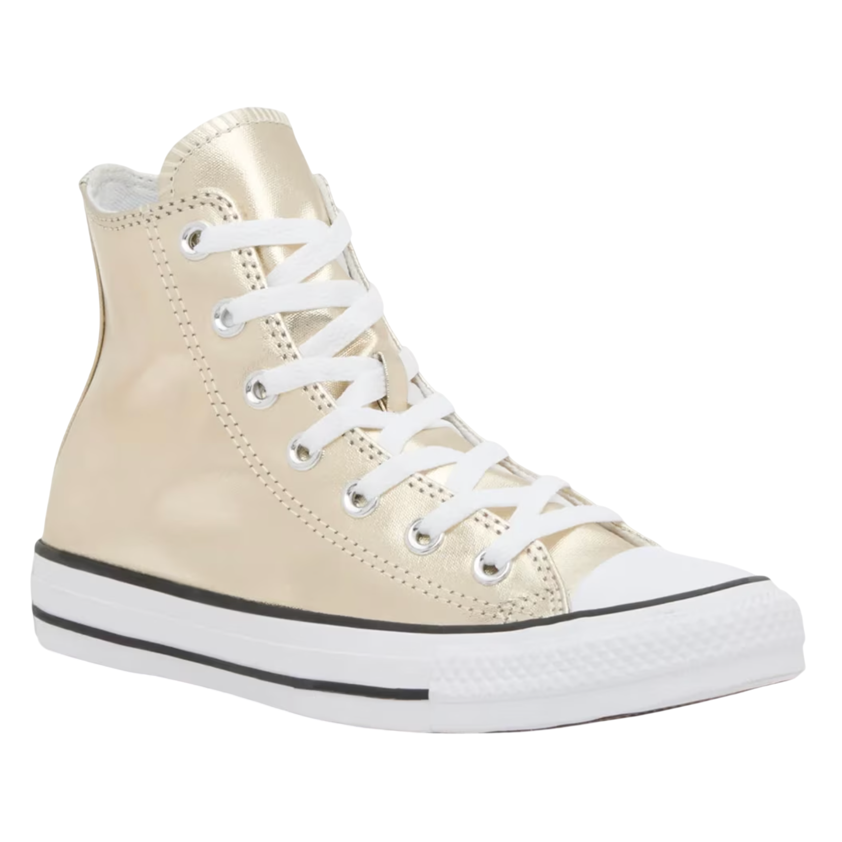 A shiny gold high-top sneaker with white laces and a white rubber sole featuring a black stripe.