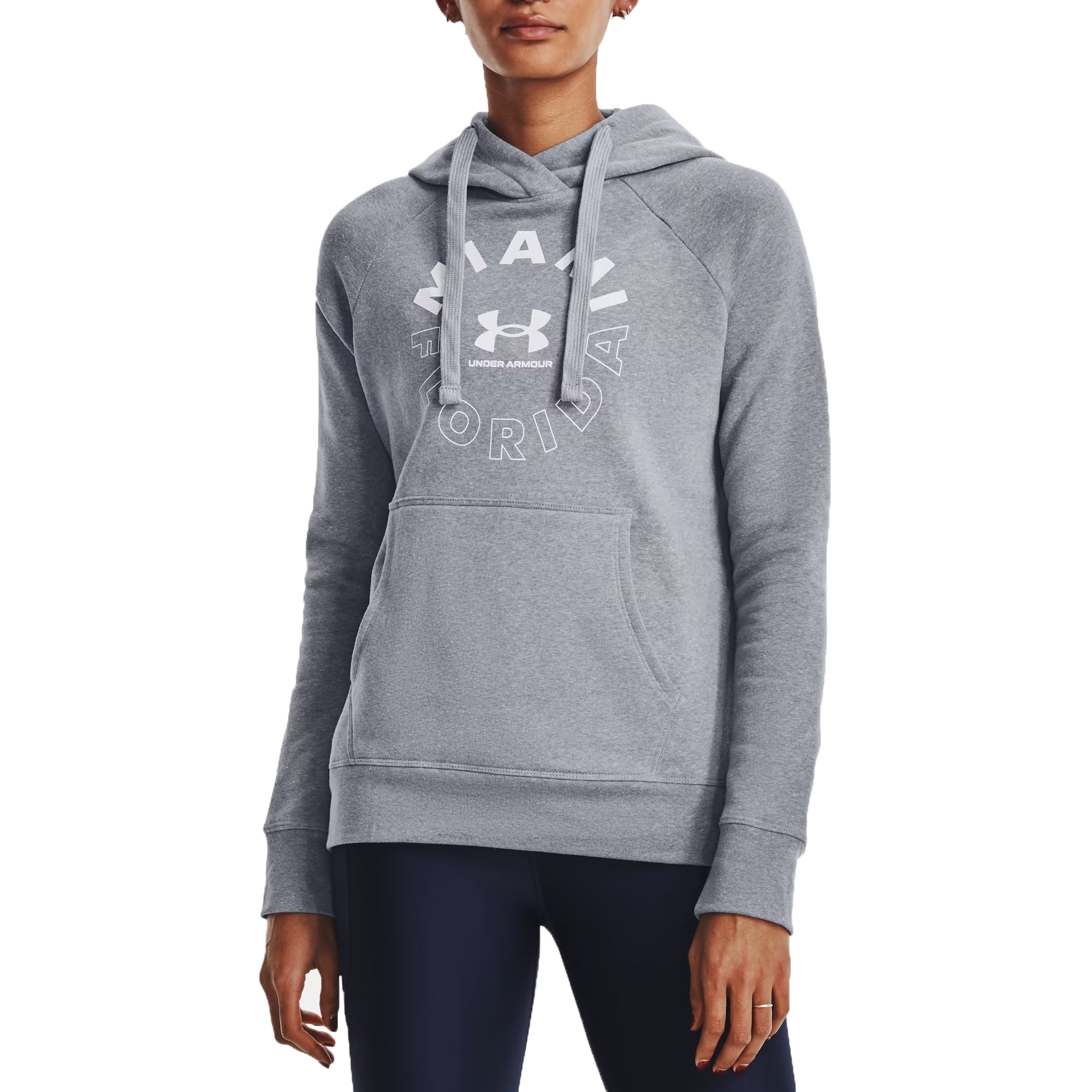 Gray Under Armour Women's Rival Hoodie with \“Miami Florida\“ and the Under Armour logo on the front, featuring a drawstring hood and a front kangaroo pocket.