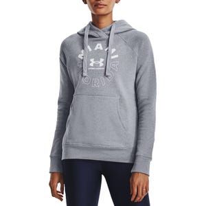 Gray Under Armour Women's Rival Hoodie with \“Miami Florida\“ and the Under Armour logo on the front, featuring a drawstring hood and a front kangaroo pocket.