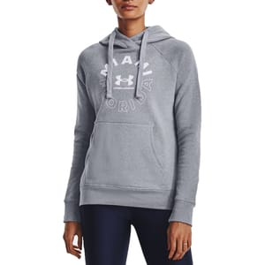 Gray Under Armour Women's Rival Hoodie with \“Miami Florida\“ and the Under Armour logo on the front, featuring a drawstring hood and a front kangaroo pocket.