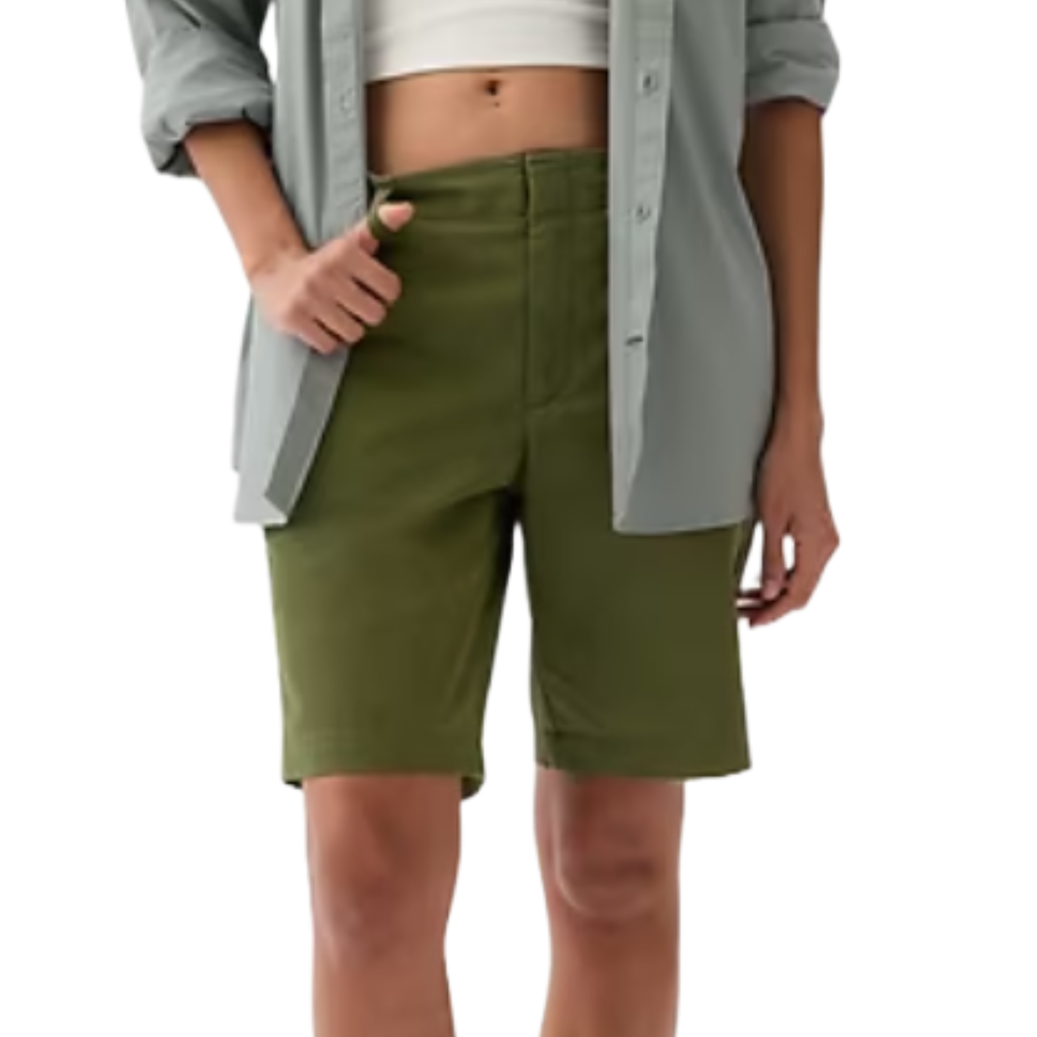 Khaki Bermuda shorts in olive green, featuring a high waist and straight fit, paired with a light grey button-up shirt and white crop top.