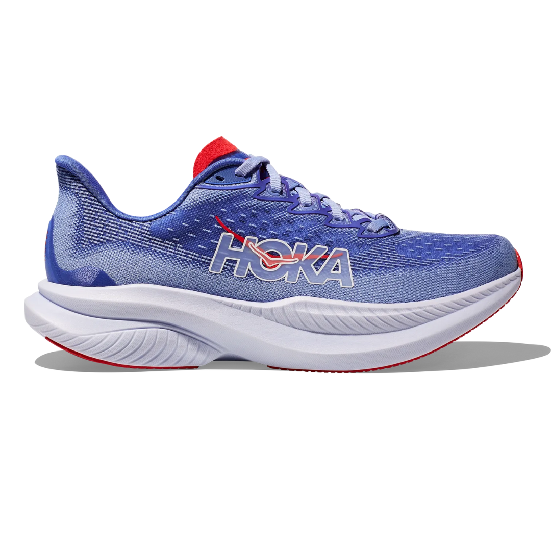 Hoka Women's Mach 6 Shoes are lightweight running shoes in a blue color with a bold Hoka logo. They feature an advanced cushioning design with a thick white midsole and red accents on the tongue and outsole.