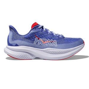 Hoka Women's Mach 6 Shoes are lightweight running shoes in a blue color with a bold Hoka logo. They feature an advanced cushioning design with a thick white midsole and red accents on the tongue and outsole.