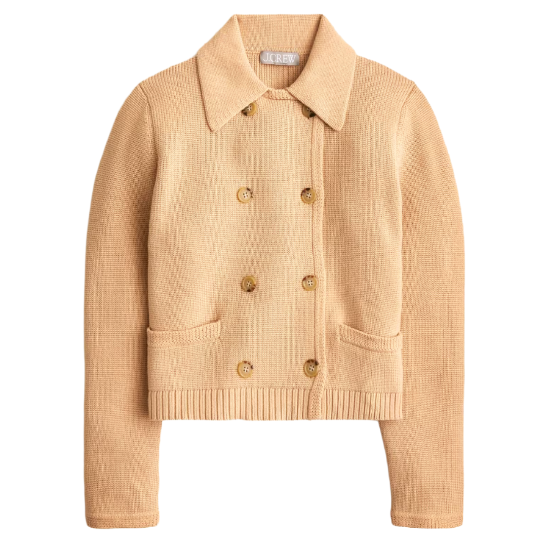 A beige, double-breasted knitted jacket with a collar, button details, and two front pockets.