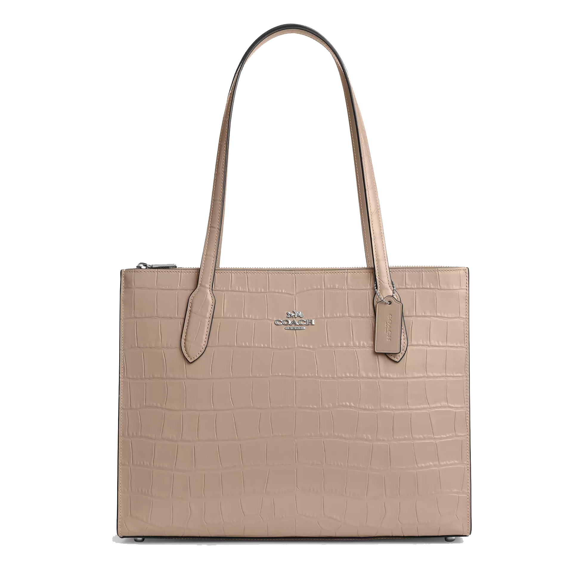 A beige tote bag with an embossed crocodile pattern and the Coach brand logo.