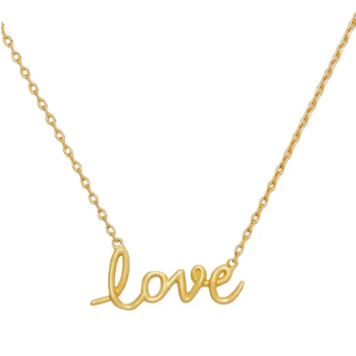 A gold necklace featuring a pendant in the shape of the word \“love\“ in cursive script.