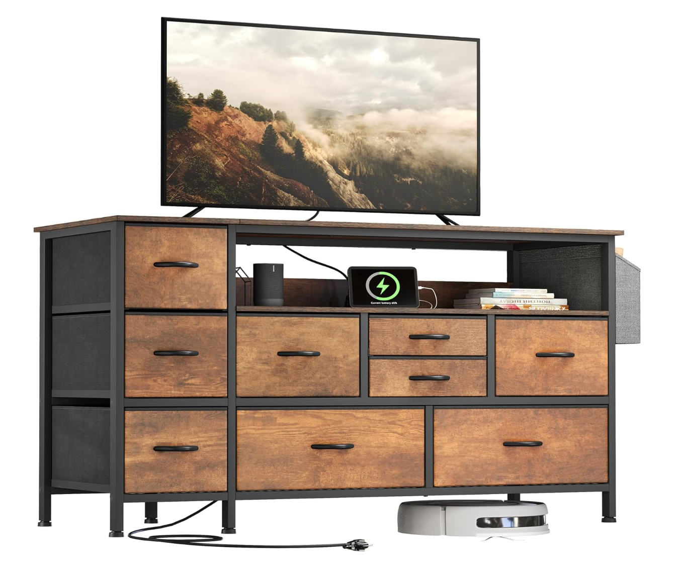 A 9-drawer TV stand with a wooden and metal frame holds a TV, an electronic device, and books on top. A phone is charging on a shelf, and a robotic vacuum is stored underneath.