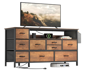 A 9-drawer TV stand with a wooden and metal frame holds a TV, an electronic device, and books on top. A phone is charging on a shelf, and a robotic vacuum is stored underneath.