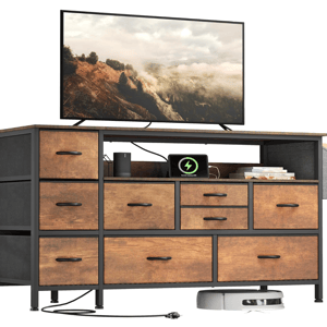 A 9-drawer TV stand with a wooden and metal frame holds a TV, an electronic device, and books on top. A phone is charging on a shelf, and a robotic vacuum is stored underneath.