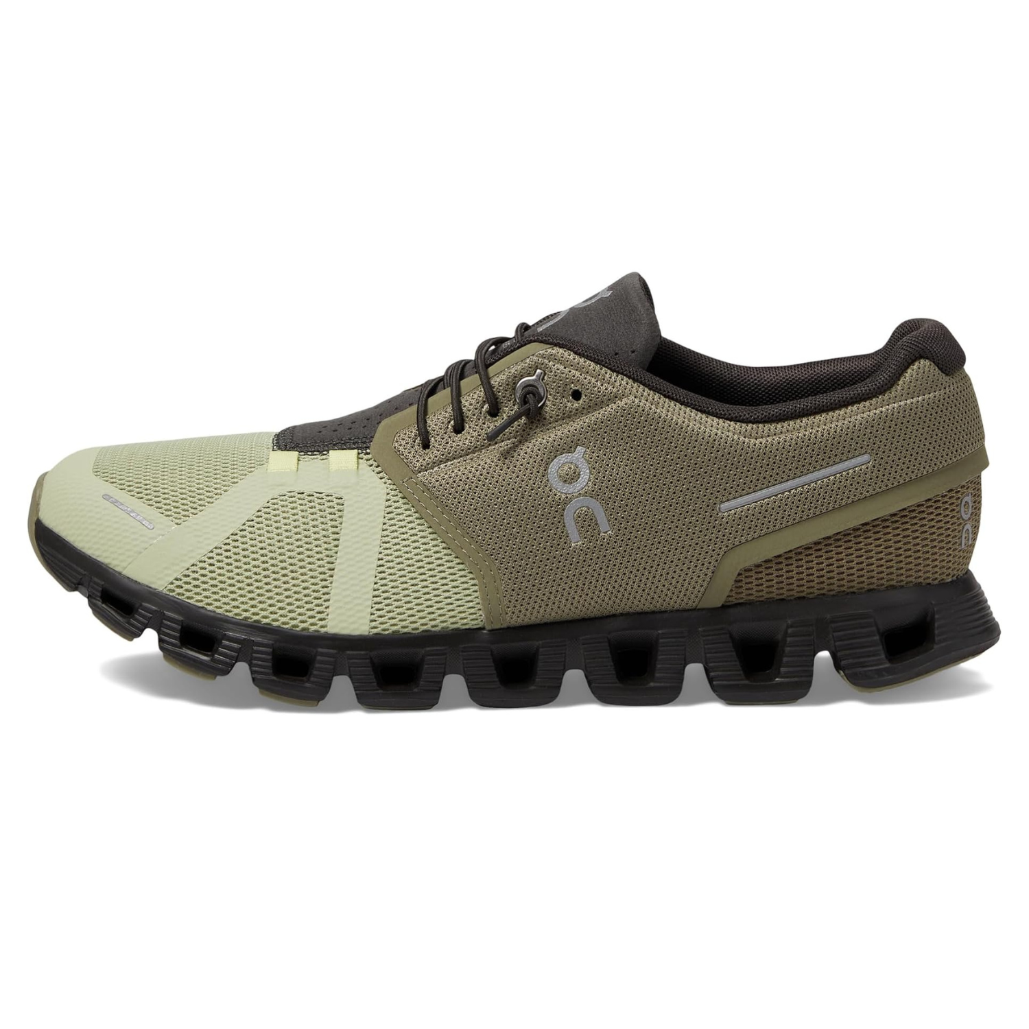 The On Men's Cloud 5 Shoes are lightweight athletic shoes featuring a unique, cushioned sole design for comfort and performance, in a combination of olive green and brown mesh with reflective branding details.