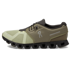 The On Men's Cloud 5 Shoes are lightweight athletic shoes featuring a unique, cushioned sole design for comfort and performance, in a combination of olive green and brown mesh with reflective branding details.