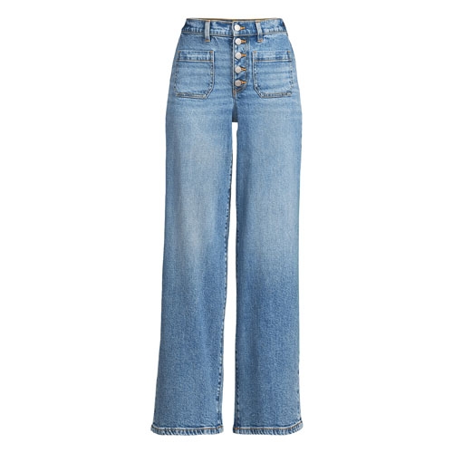 Light blue high-rise jeans featuring a wide-leg design and a button-fly closure with multiple buttons visible on the front.