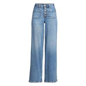 Light blue high-rise jeans featuring a wide-leg design and a button-fly closure with multiple buttons visible on the front.