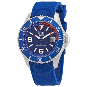 A blue Ice-Watch wristwatch featuring a silver-tone case, blue dial with date display, and blue strap. It is water-resistant up to 10 ATM.