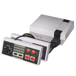 Retro gaming console with a classic rectangular design, featuring two wired controllers with a simple layout of directional pads and buttons.