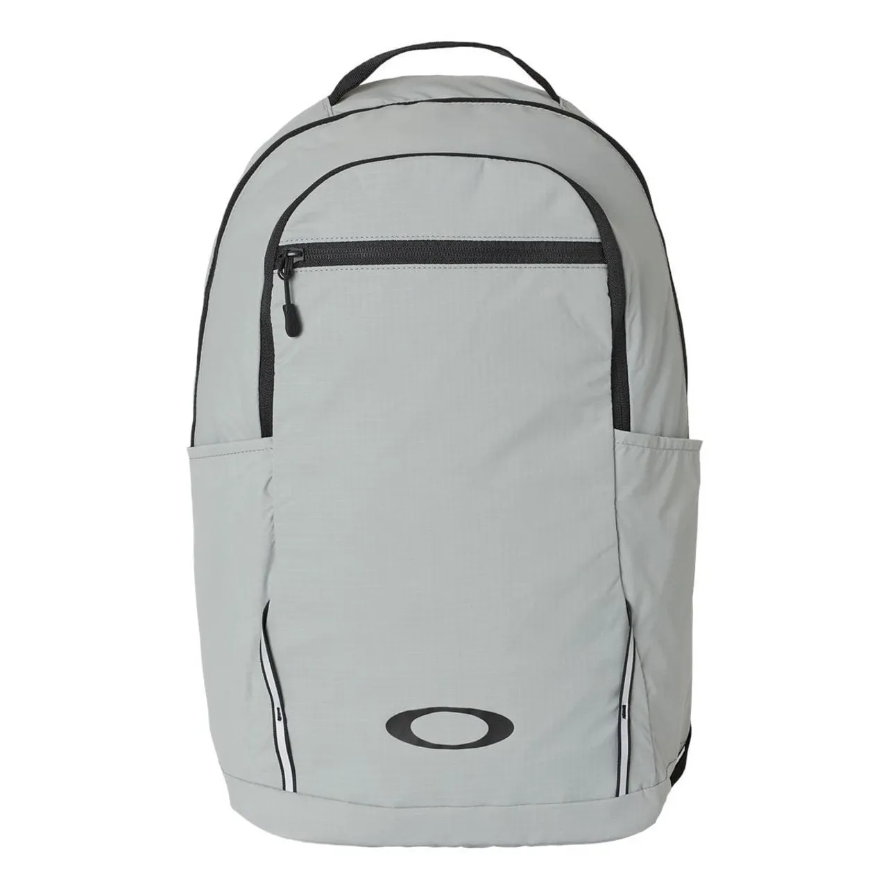A light gray backpack with a front zippered pocket, side pockets, and a handle on top, featuring a black logo on the lower front.