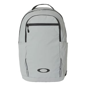 A light gray backpack with a front zippered pocket, side pockets, and a handle on top, featuring a black logo on the lower front.