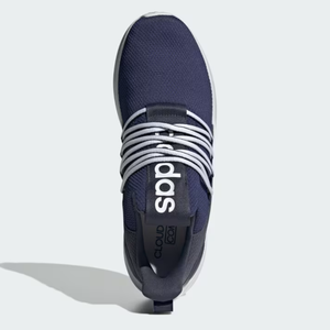Navy blue slip-on sneakers with white elastic bands across the top, branded with \“adidas\“ and the model \“Cloudfoam.\“