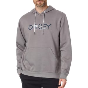 A gray Oakley men's hoodie featuring a kangaroo pocket and the brand's logo across the chest.