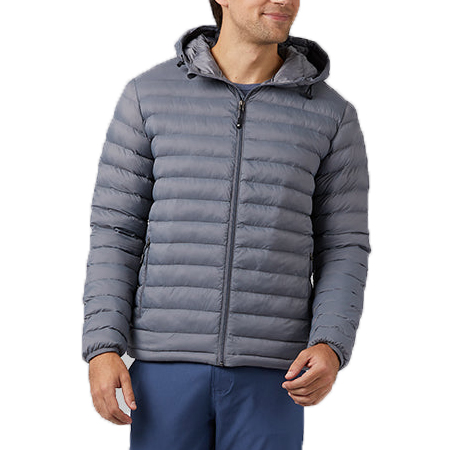 A gray, quilted, hooded, packable jacket with horizontal stitching, zip closure, and side pockets, designed for lightweight warmth and convenience.